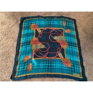 Vintage Paolo Gucci Silk Scarf Equestrian Tassel Plaid Blue Orange Collectable